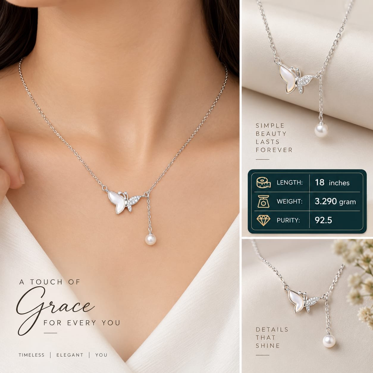 Ladies Butterfly Pearl Silver Chain