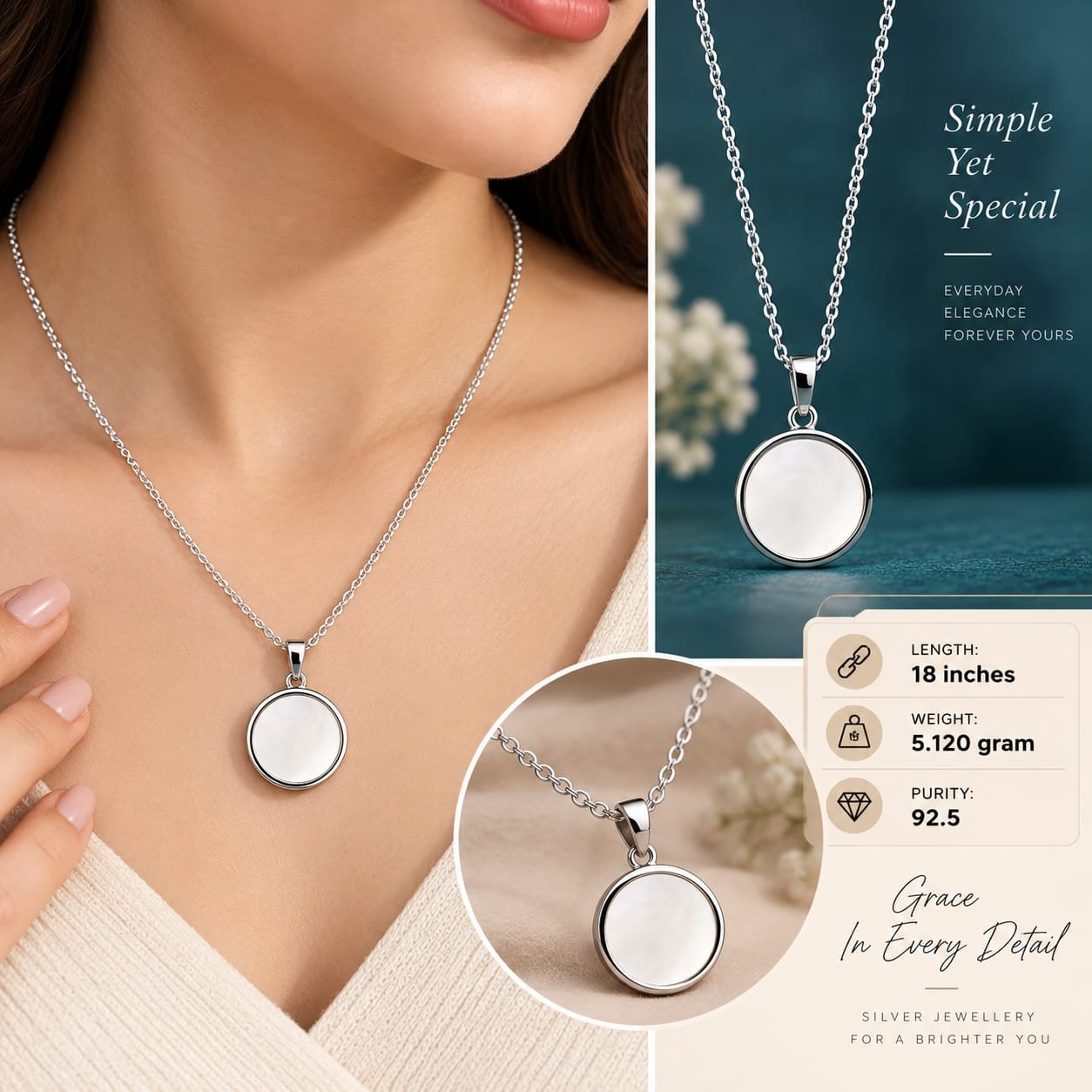 Ladies Round Pearl Silver Chain