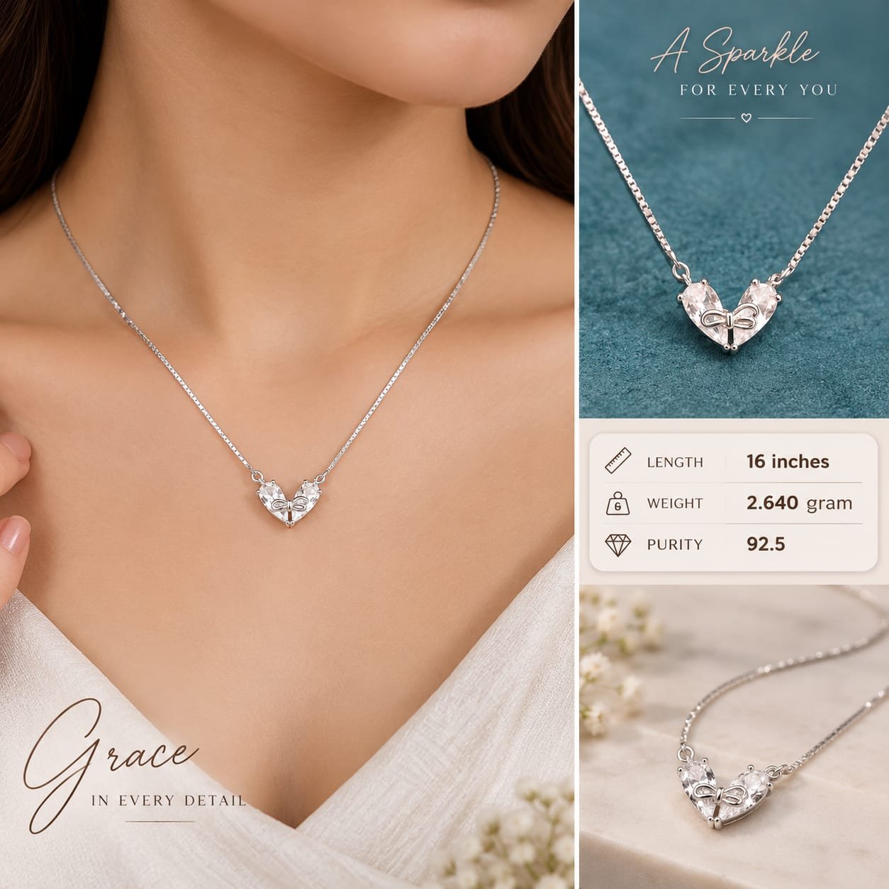 Ladies Bow Heart Silver Chain