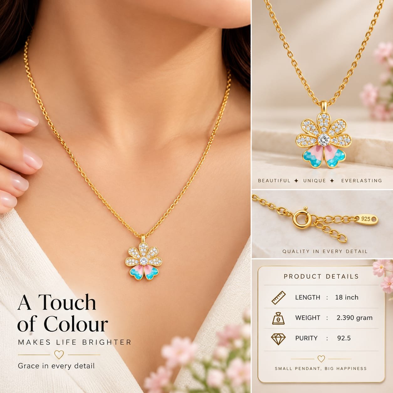 Ladies Enamel Blossom Silver Chain