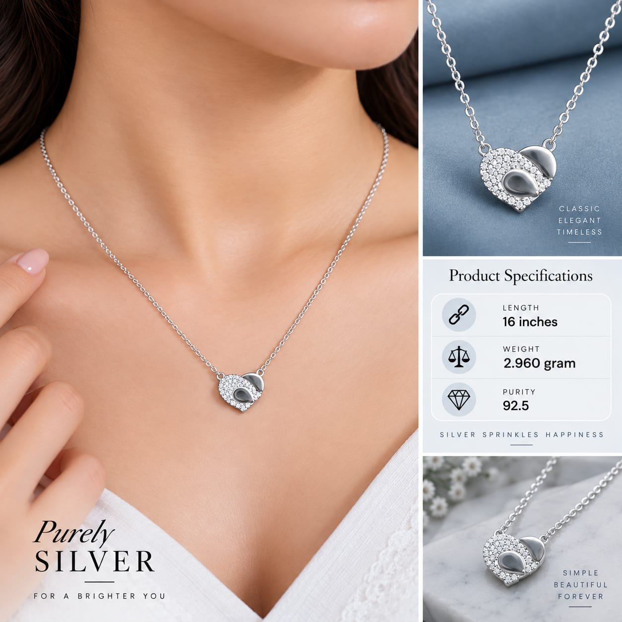 Ladies Pave Heart Silver Chain