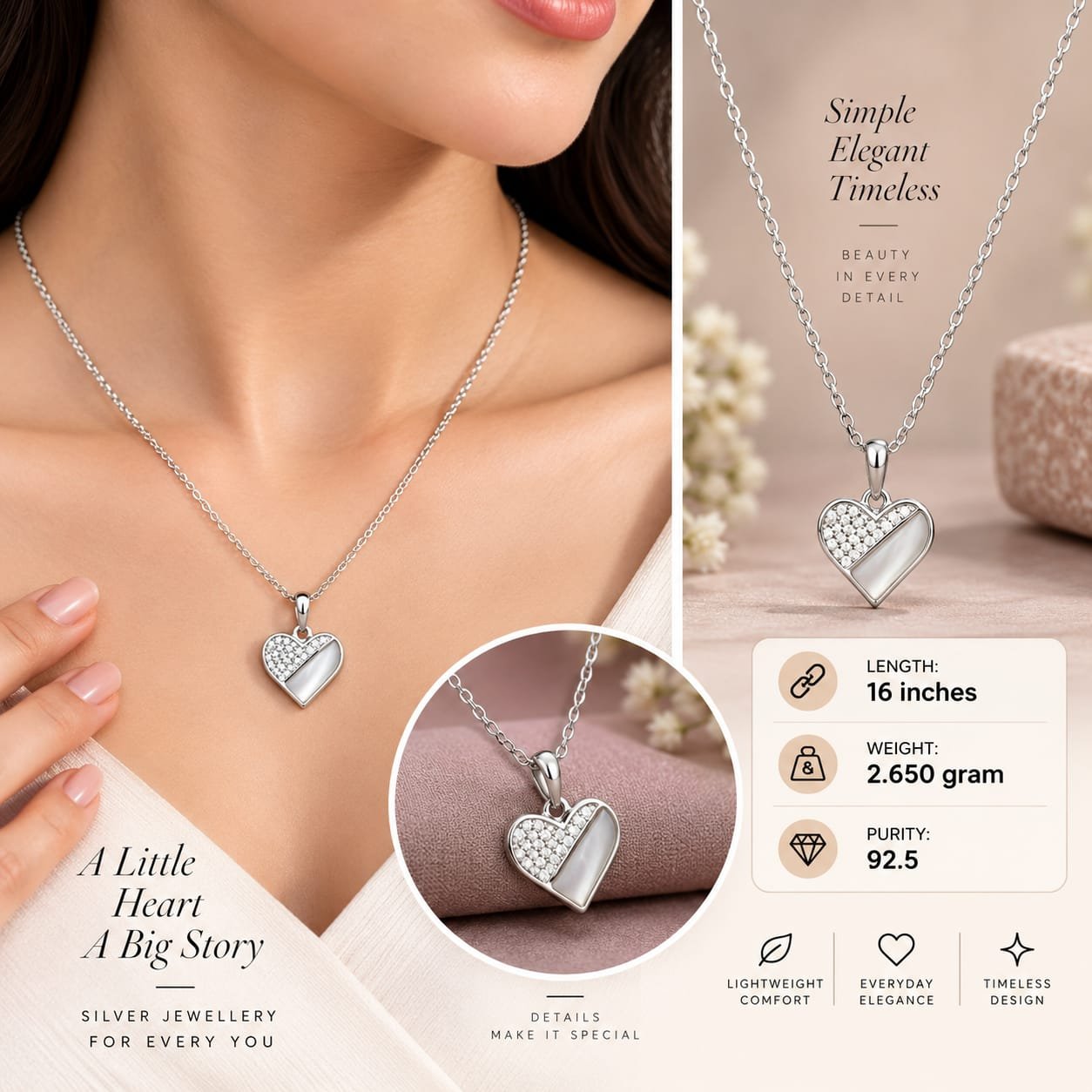 Ladies Half Heart Silver Chain