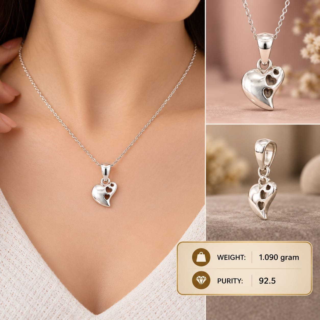Ladies Silver Puffed Heart Pendant