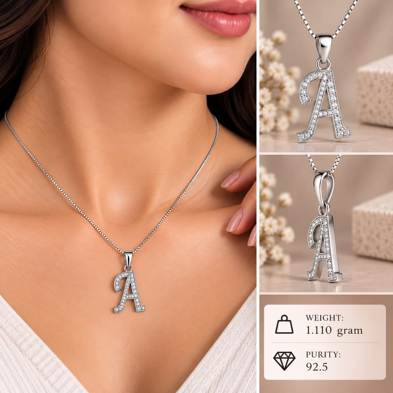 Ladies Silver CZ Alphabet A Pendant