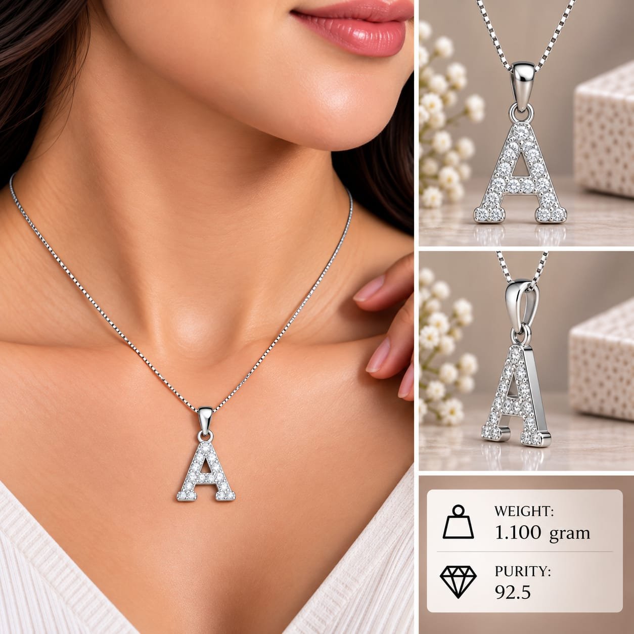 Ladies Silver CZ Alphabet A Pendant