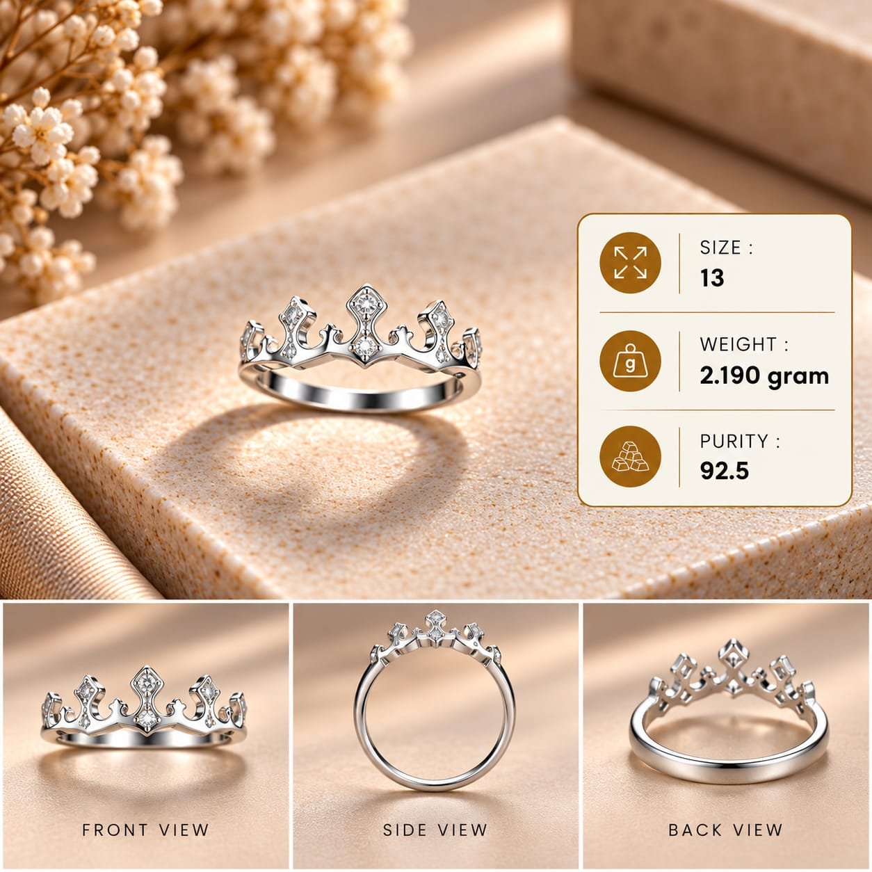 Ladies Crown Tiara 925 Silver Ring