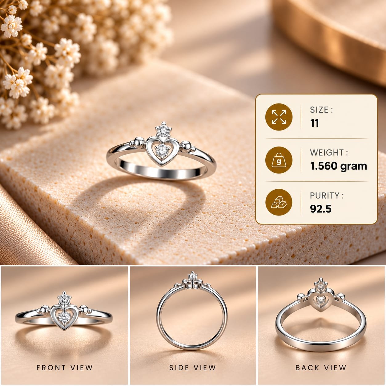 Ladies Crowned Heart 925 Silver Ring