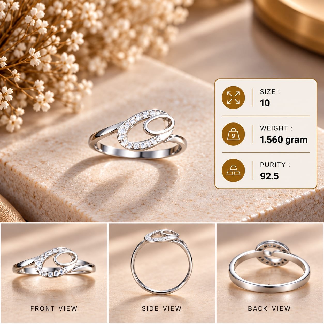 Ladies Double Loop Pave 925 Silver Ring