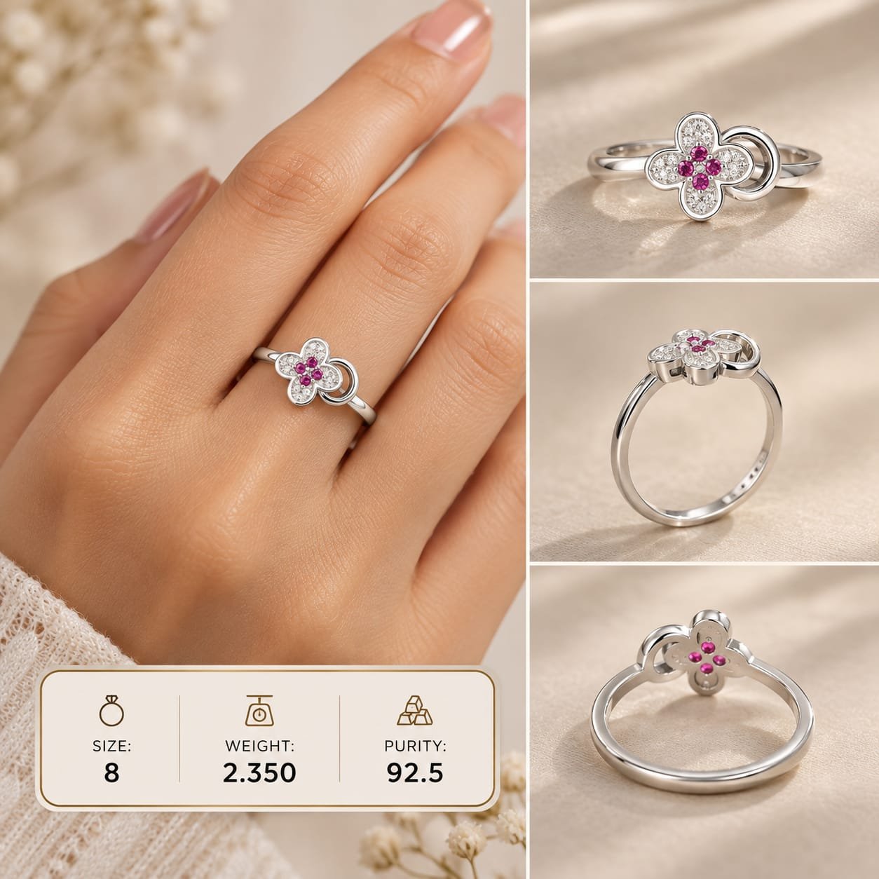 Ladies Clover Flower 925 Silver Ring