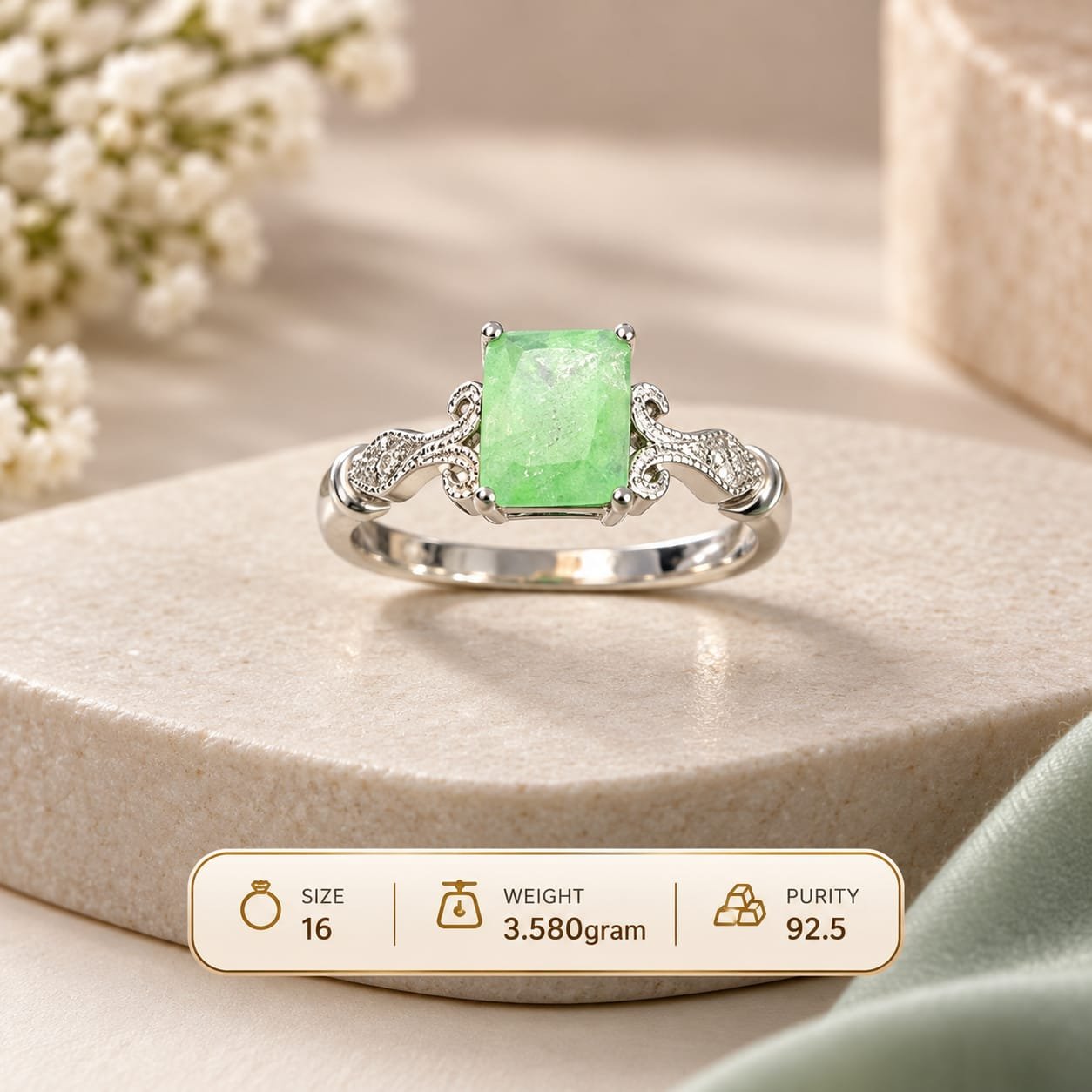 Ladies Green Stone Vintage 925 Silver Ring