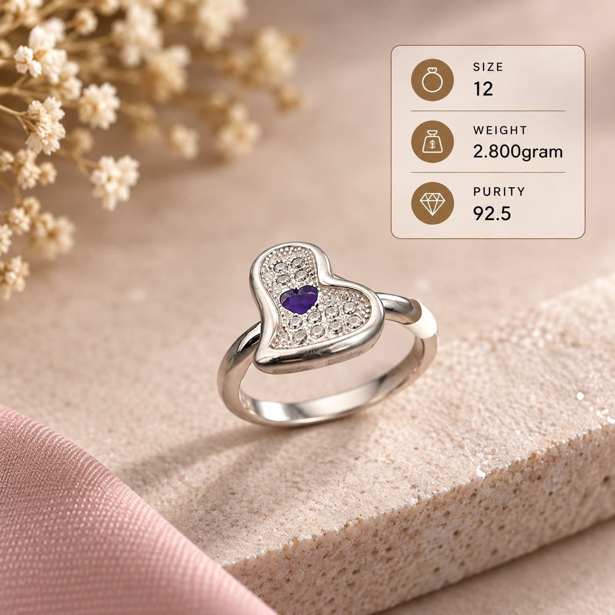 Ladies Purple Stone Heart 925 Silver Ring