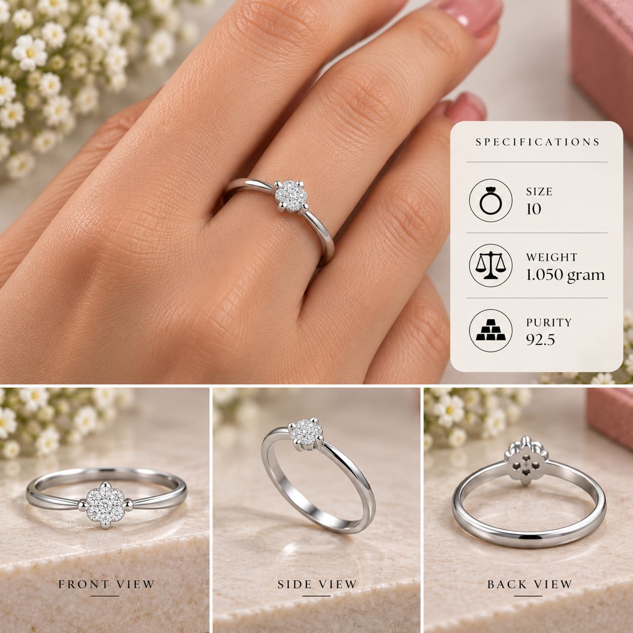 Ladies Flower Cluster Illusion 925 Silver Ring