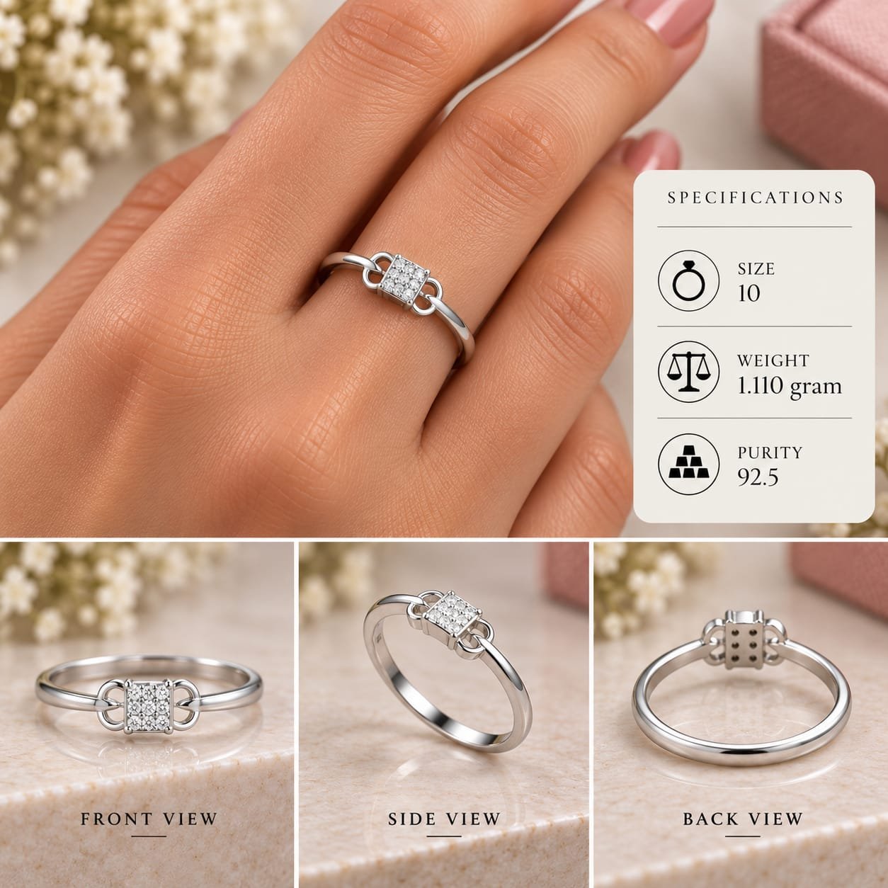 Ladies Lock Link Pave 925 Silver Ring