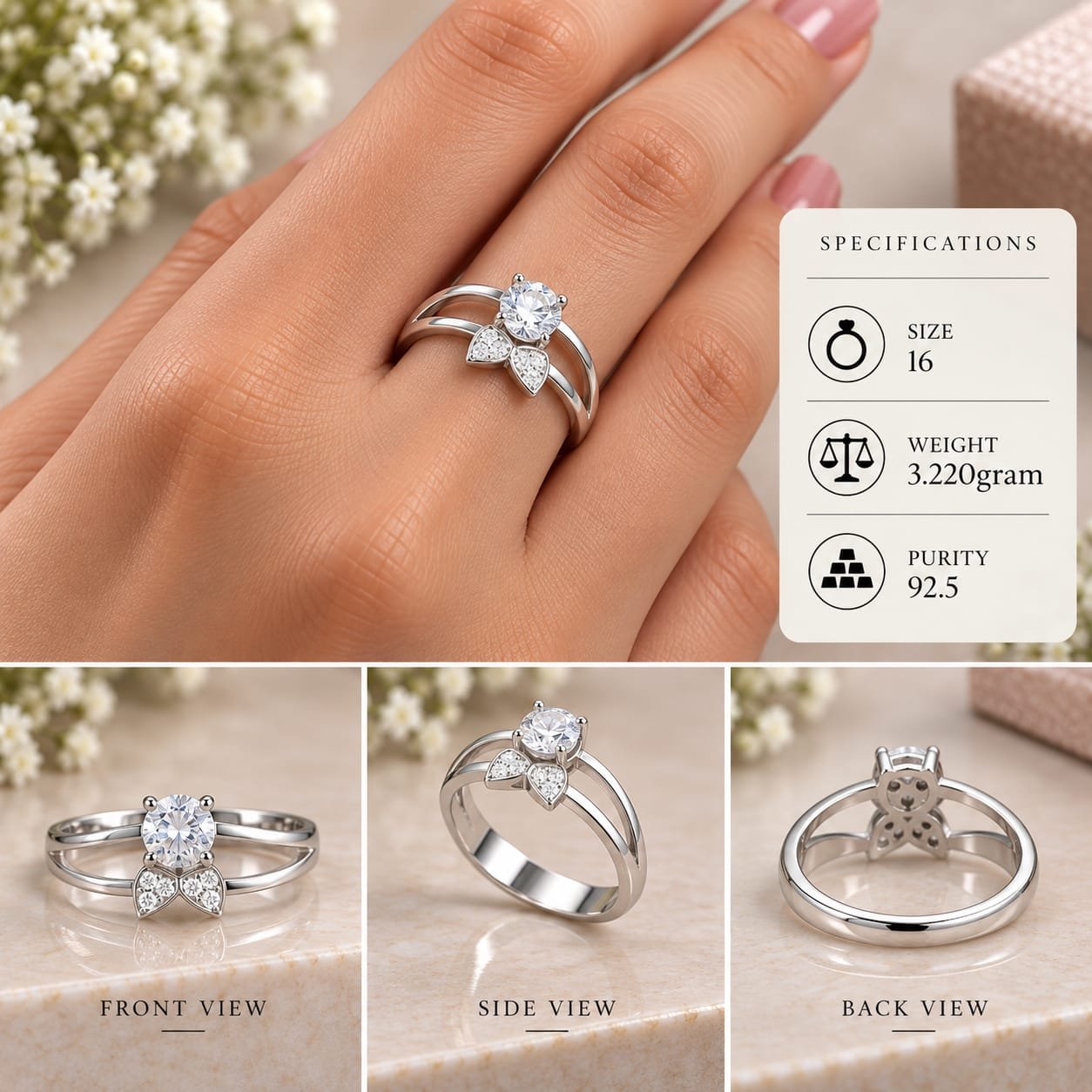 Ladies Solitaire Wing 925 Silver Ring