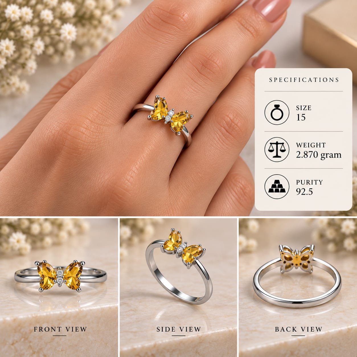 Ladies Yellow Butterfly 925 Silver Ring