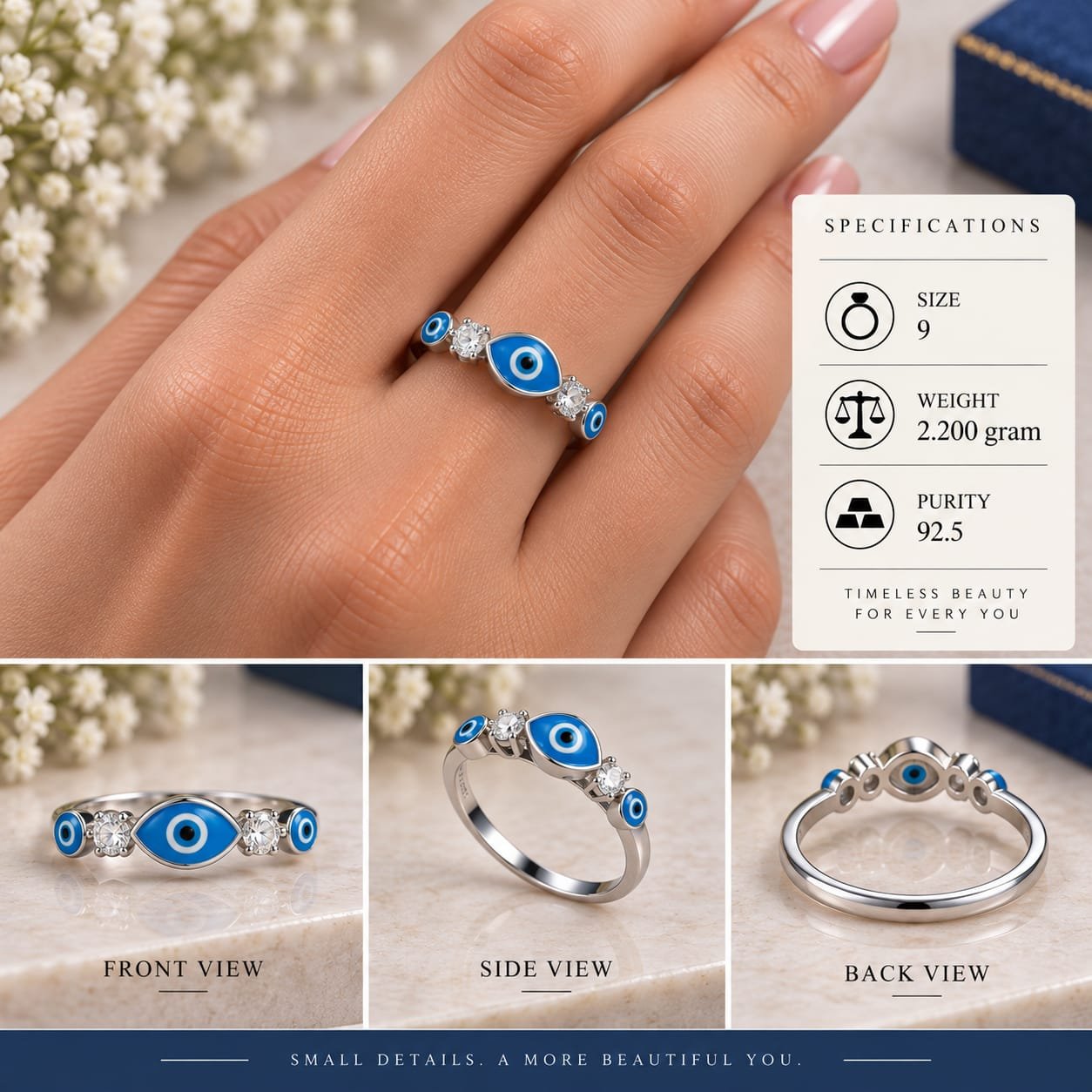 Ladies Evil Eye Trio 925 Silver Ring