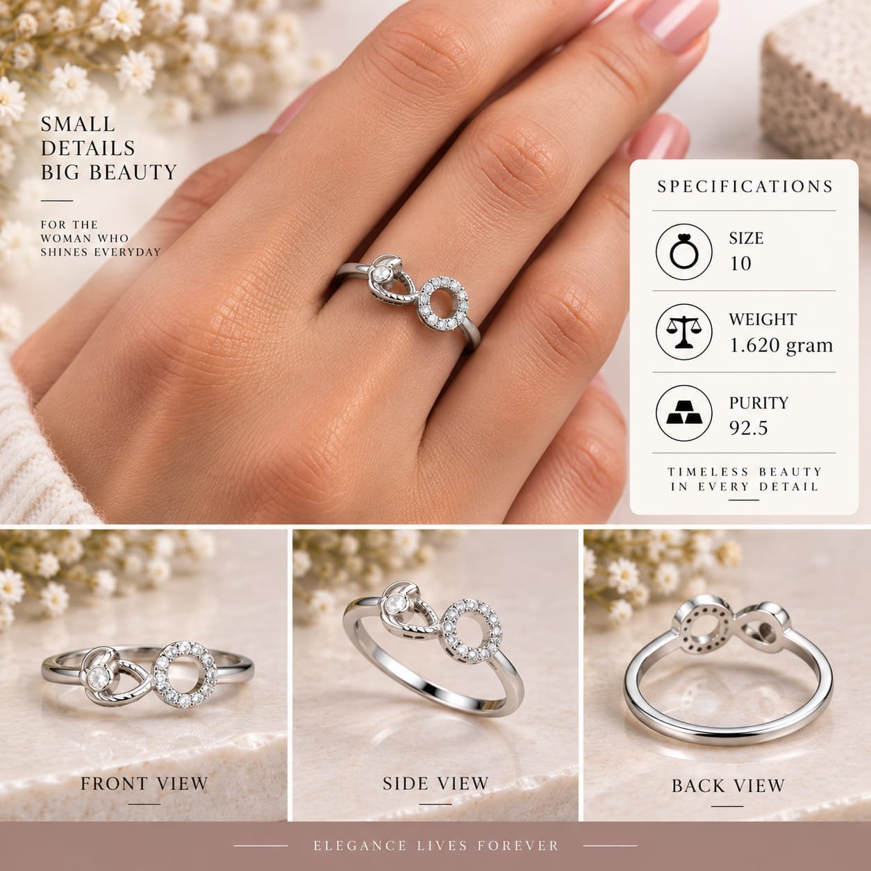 Ladies Teardrop Circle 925 Silver Ring