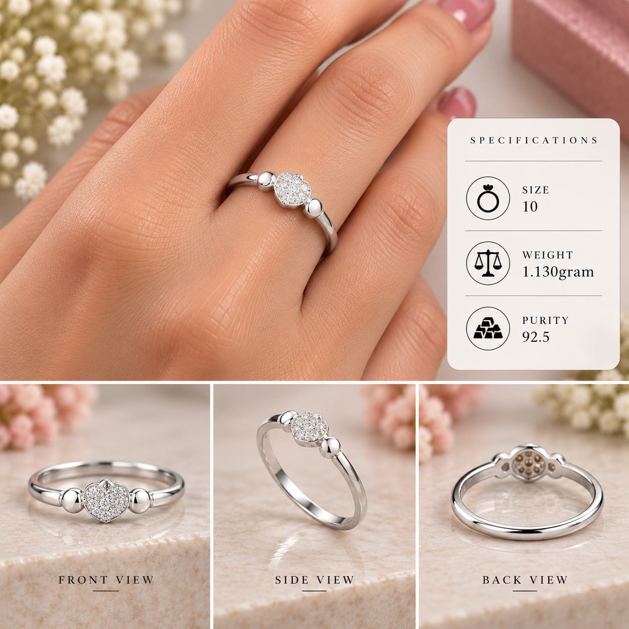 Ladies Heart Bead Accent 925 Silver Ring