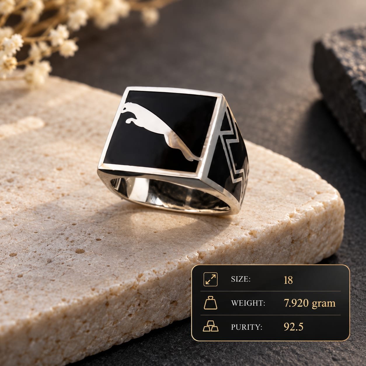 Men's Black Enamel Panther Signet 925 Silver Ring