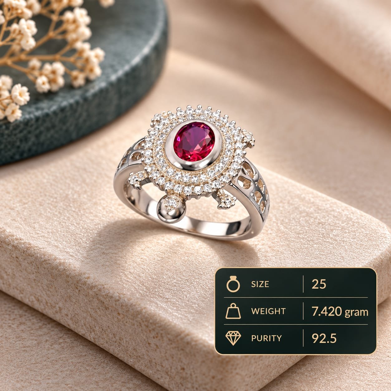 Men's Ruby Stone Halo 925 Silver Ring