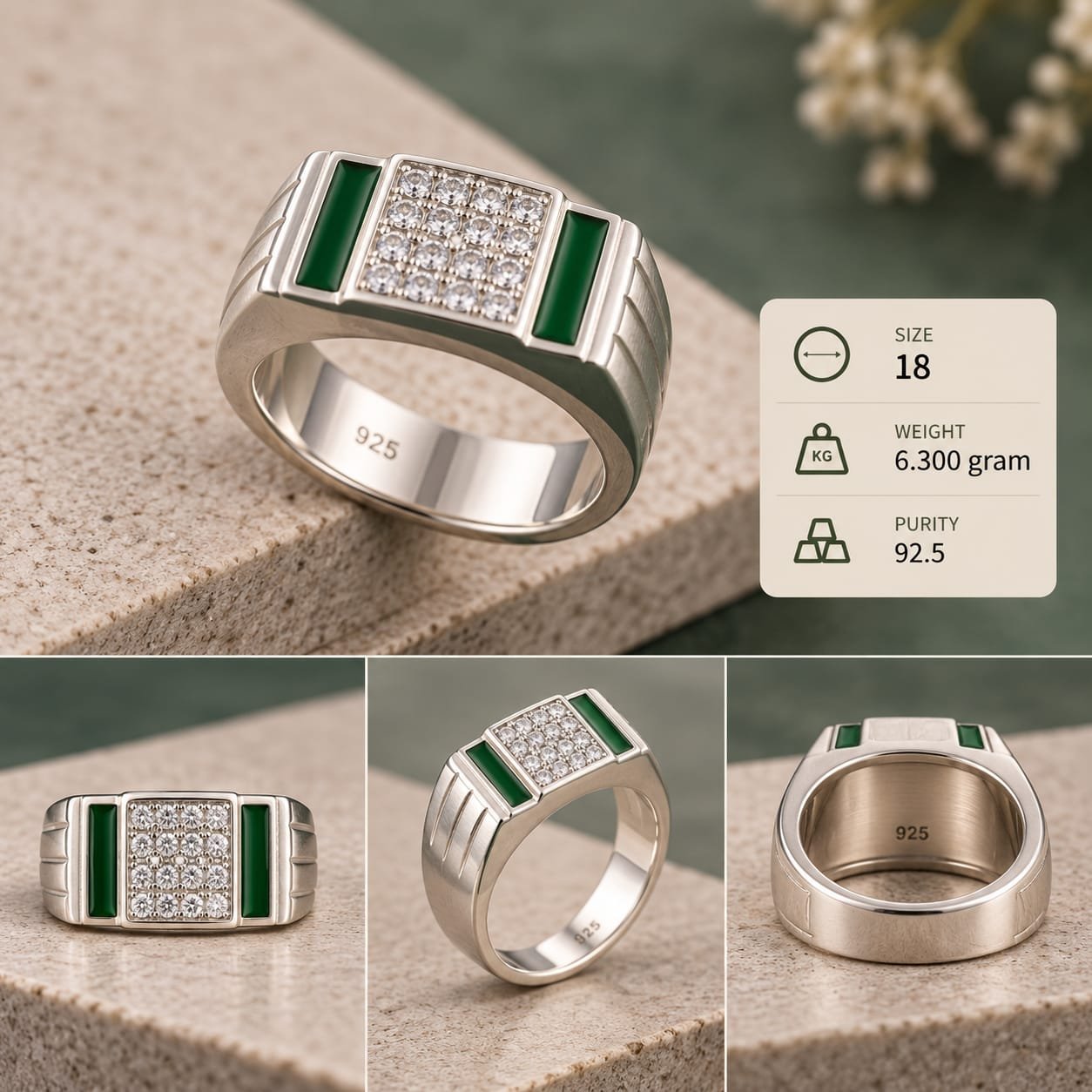 Men's Green Enamel Pave 925 Silver Ring