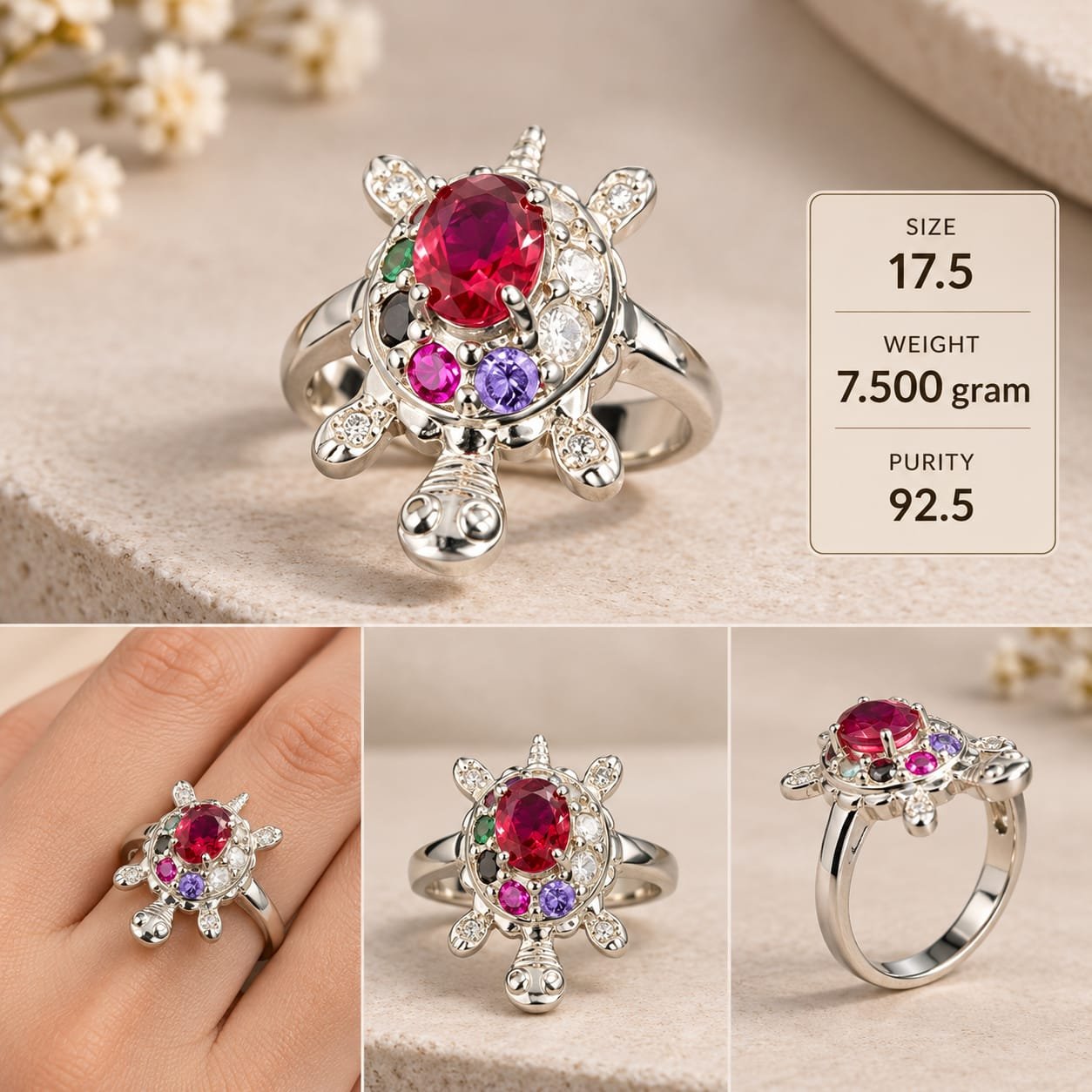Multicolour Stone Turtle 925 Silver Ring