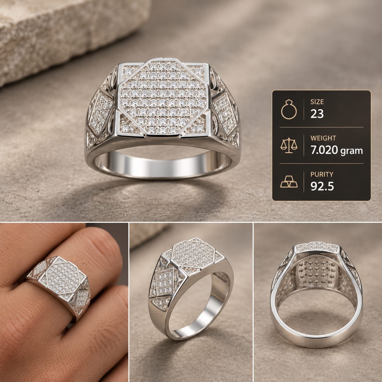 Men's Pave Octagon 925 Silver Ring