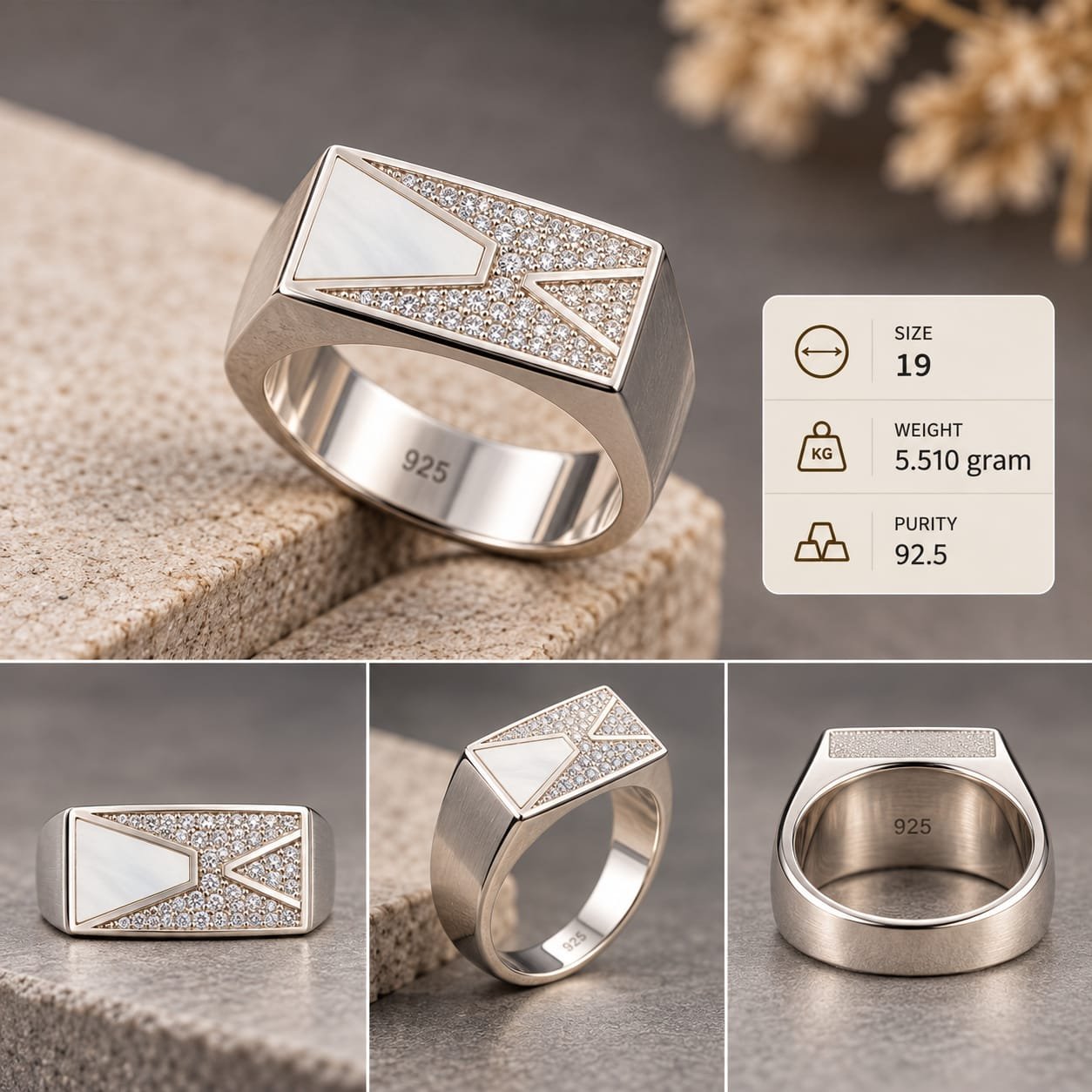 Men's Mother of Pearl Geometric 925 Silver Ring