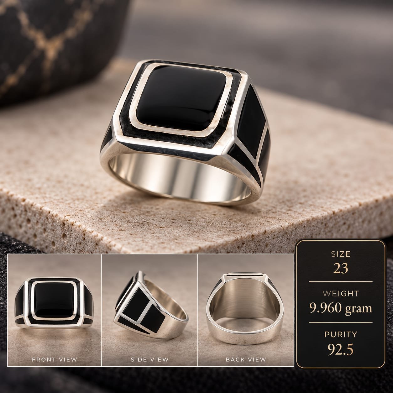 Men's Black Onyx Square 925 Silver Ring