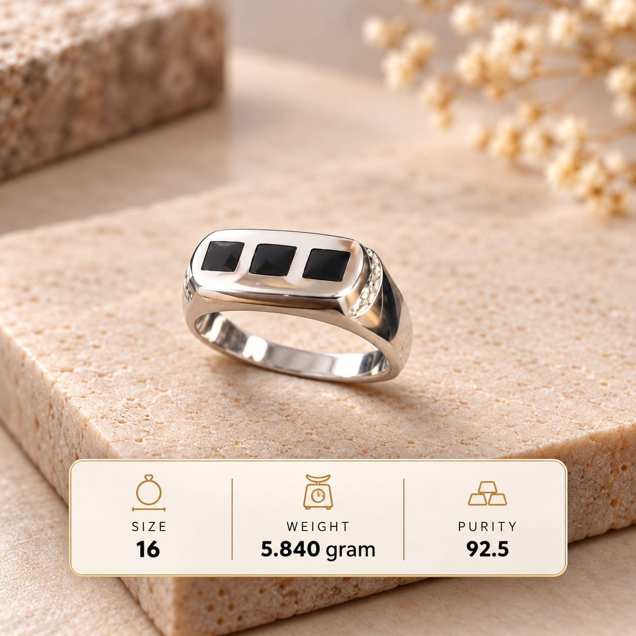 Men's Triple Onyx Stone 925 Silver Ring