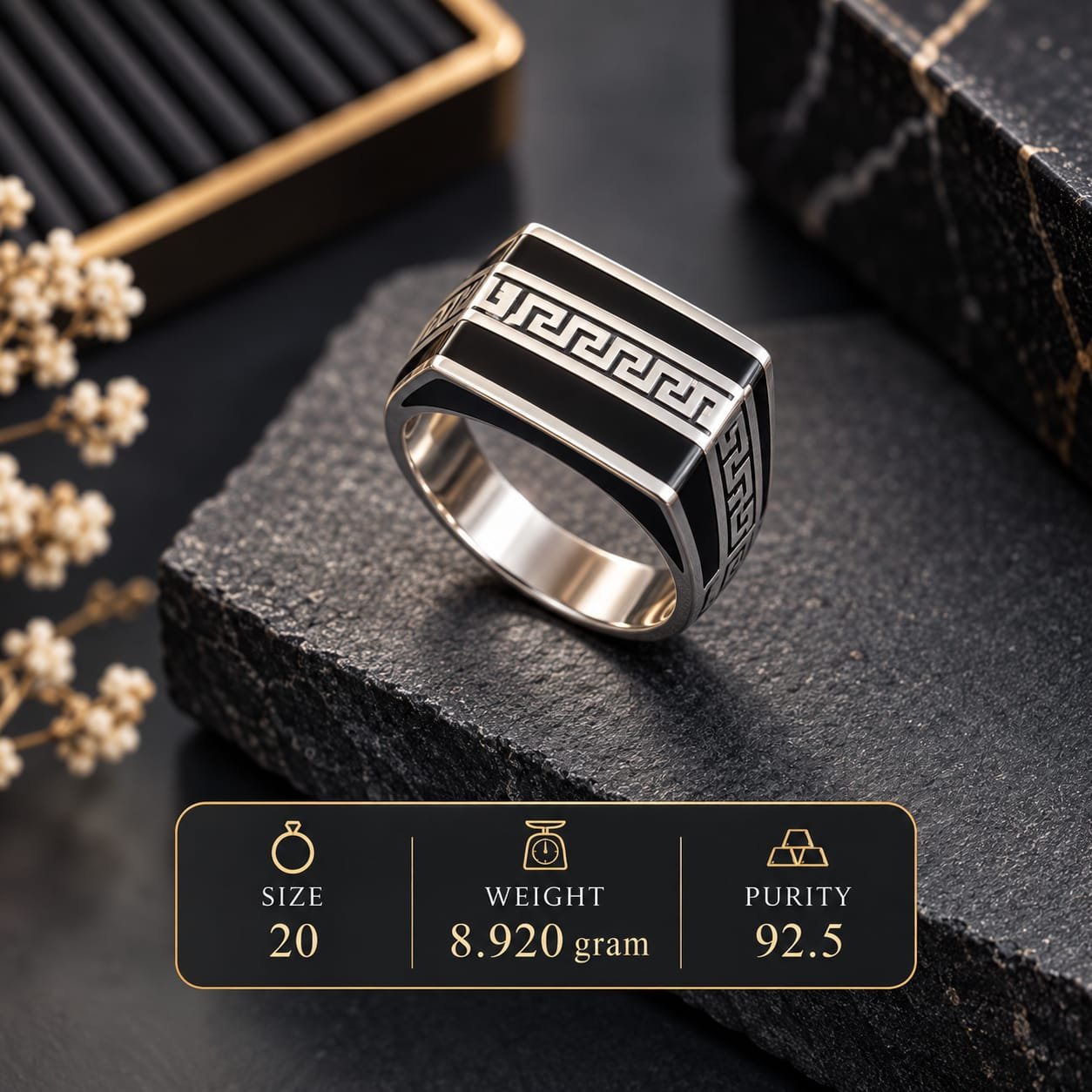 Men's Black Enamel Greek Key 925 Silver Ring